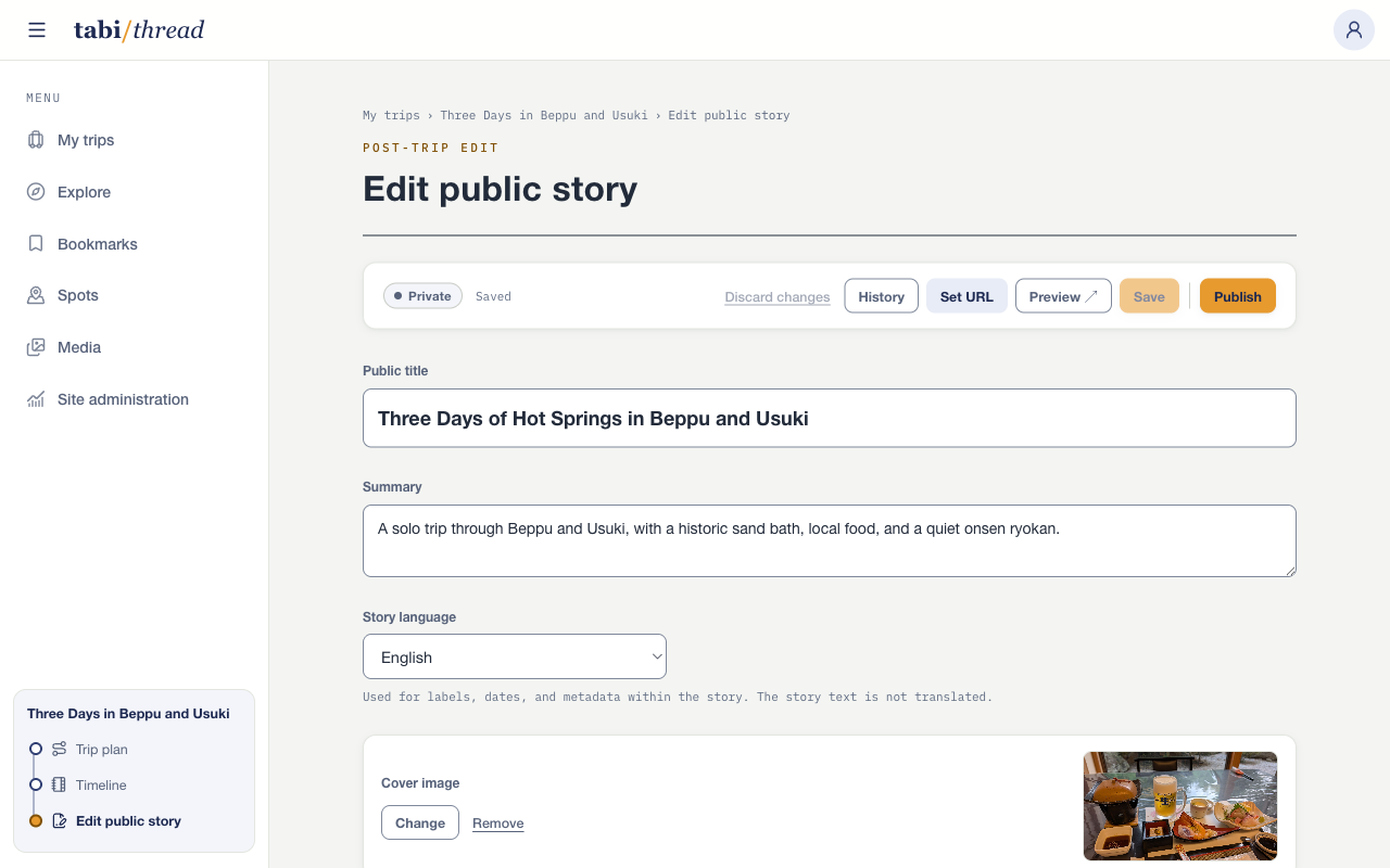 English public-story editor for Three Days of Hot Springs in Beppu and Usuki, with its title, summary, Story language selector, and real dinner photo as the cover