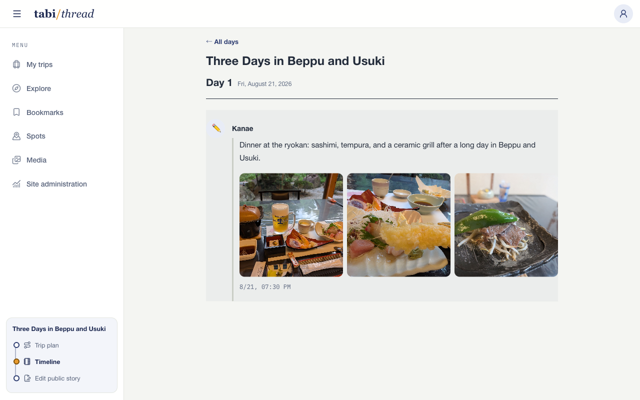 English travel timeline with a dinner note and three real ryokan photos showing a kaiseki meal, sashimi and tempura, and a ceramic grill