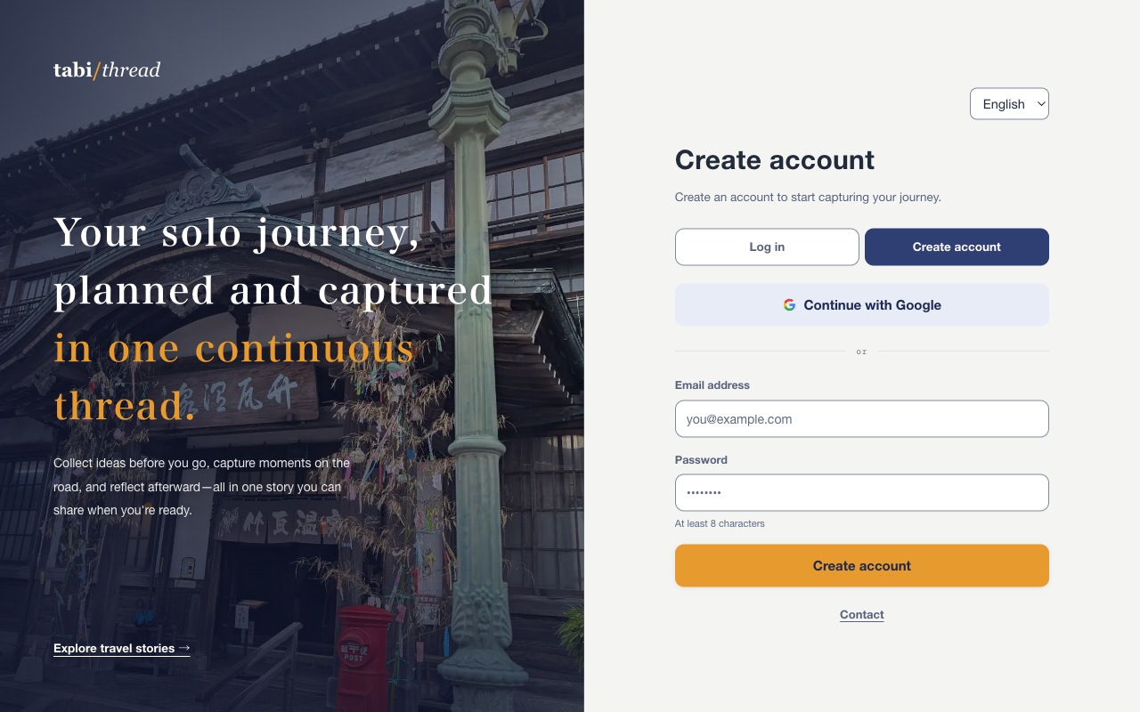 English account registration screen with email and password fields and a Continue with Google button