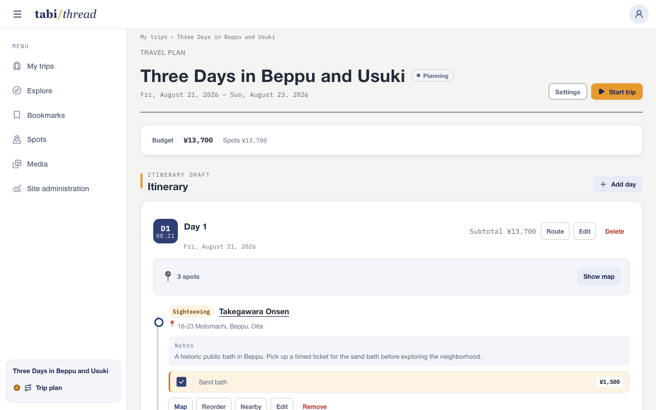 Planning screen for Three Days in Beppu and Usuki, with a 13,700 yen budget, Start trip button, and Day 1 itinerary