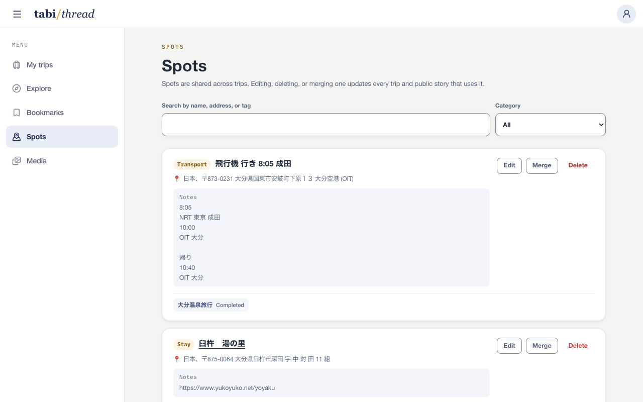 English spot list showing cards for Kenrokuen Garden, Omicho Market, and other saved places